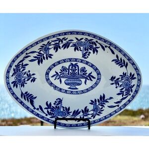 Sterling China USA Blue & White Oval Serving Bowl Vintage Floral Chinoiserie 11"